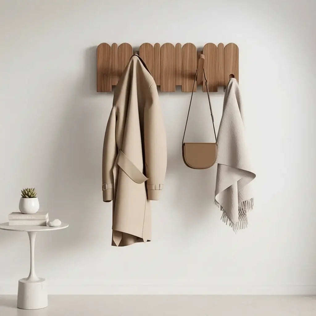 Solid walnut wood wall-mounted coat rack featuring eight retractable hooks in a modern piano key design — view 2