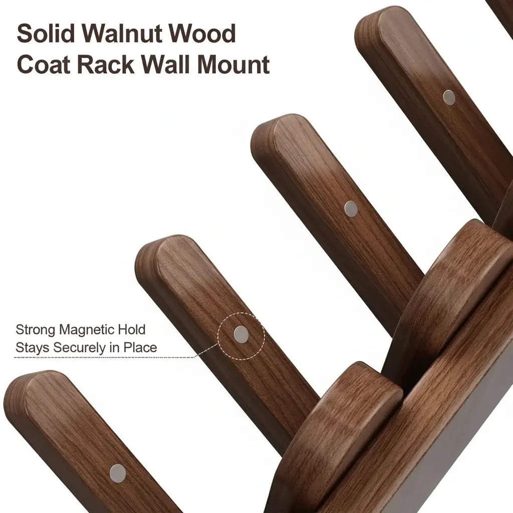 Solid walnut wood wall-mounted coat rack featuring eight retractable hooks in a modern piano key design — view 3