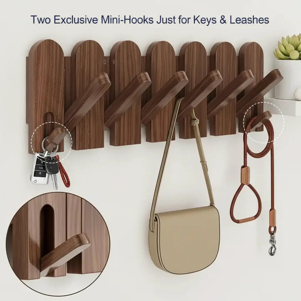 Solid walnut wood wall-mounted coat rack featuring eight retractable hooks in a modern piano key design — view 4