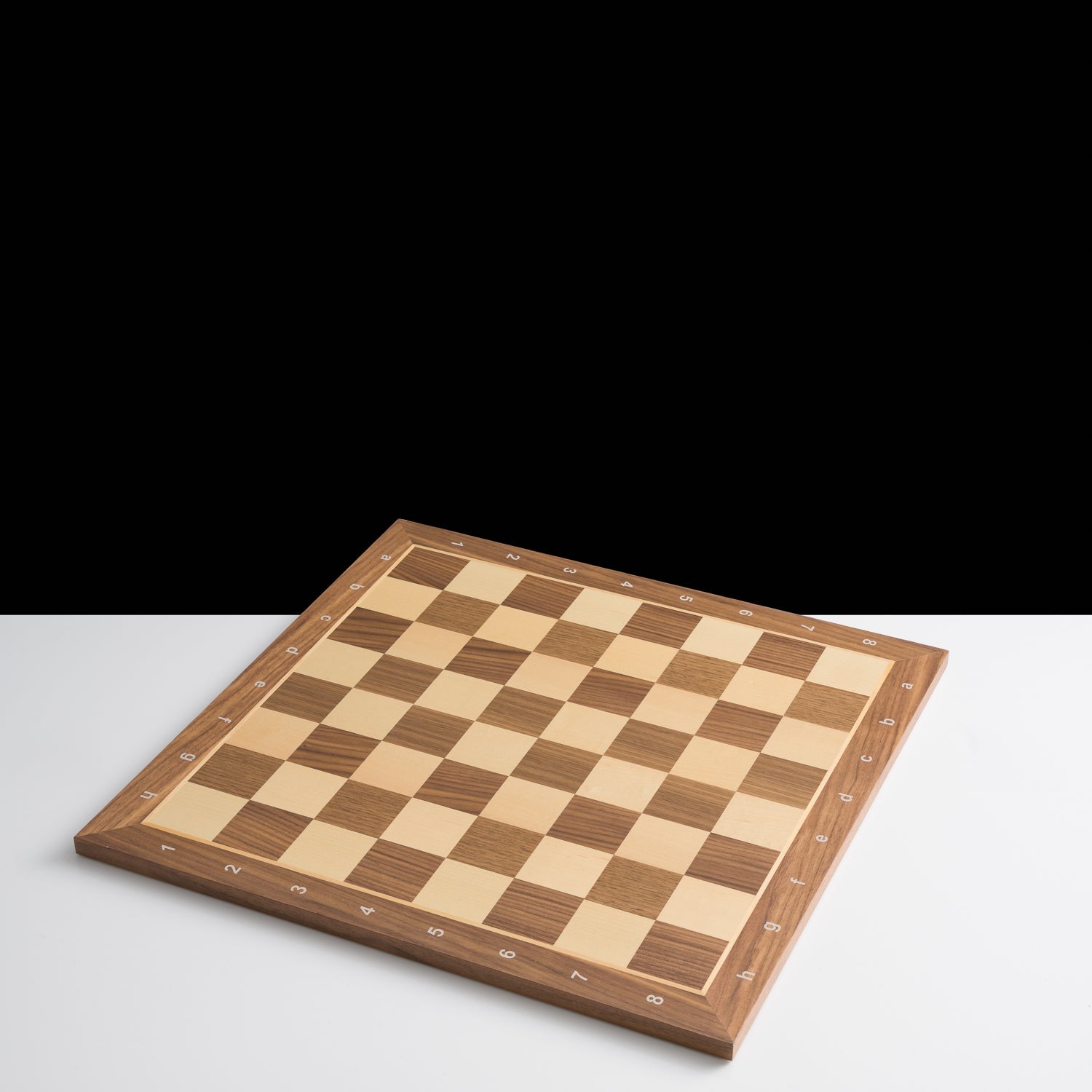 50cm walnut and maple wooden chess board featuring an empty playing grid for classic strategy games
