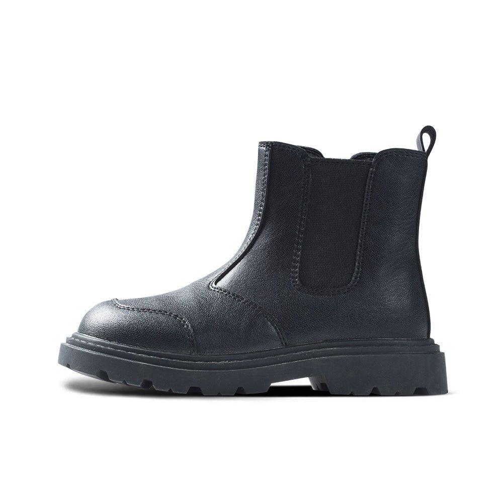 Kids black leather Chelsea boots with non-slip textured soles and warm lambswool lining