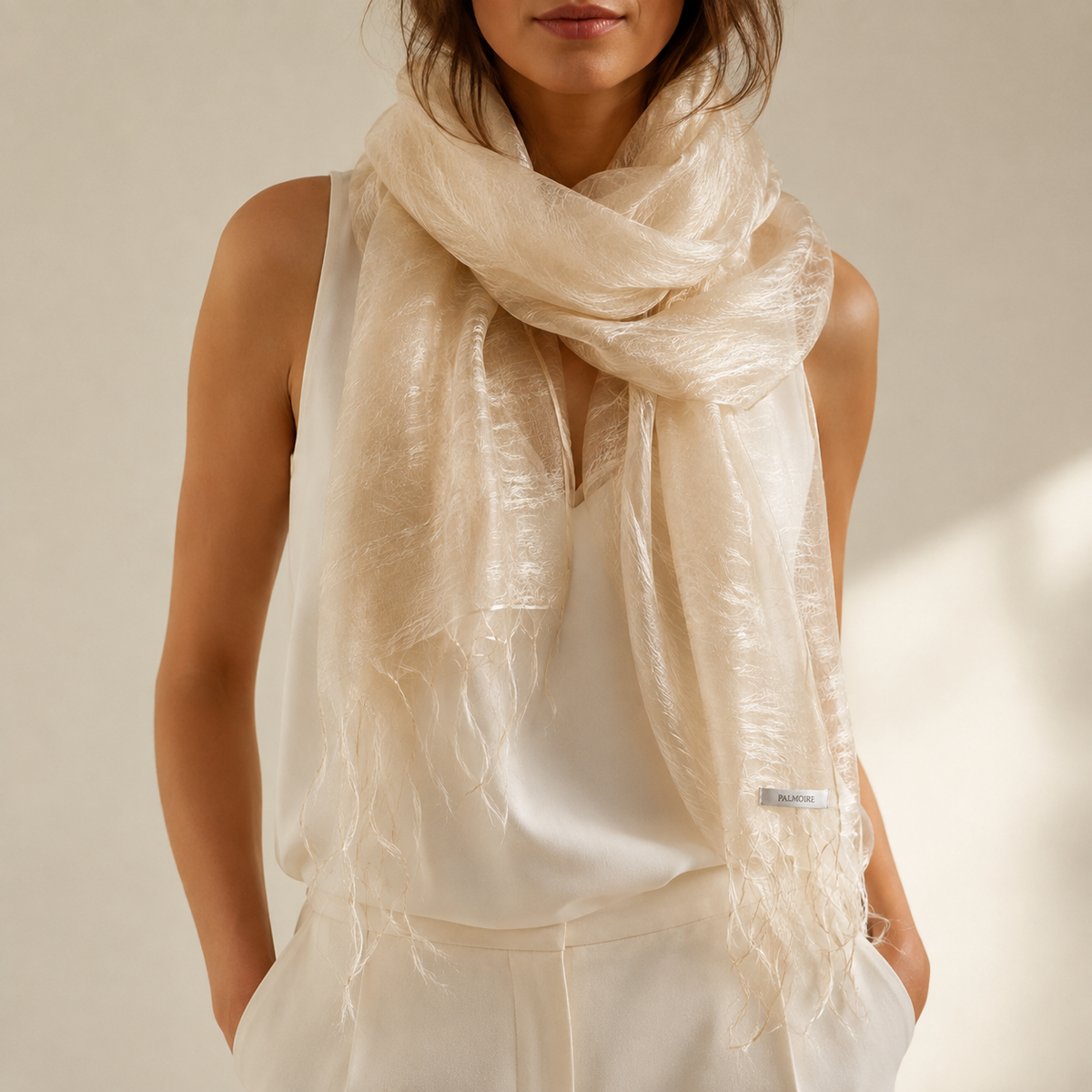 Warm Beige Mulberry Silk Scarf-3