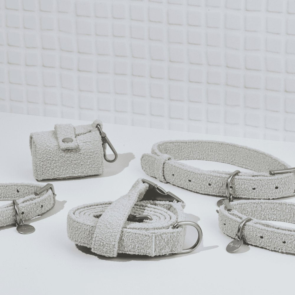 Cloud coloured boucle pet waste bag holder with two secure attachment straps for dog walking — view 5