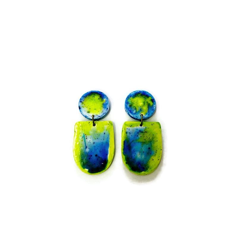 Fluid Art Statement Earrings in Lime Green & Blue-1
