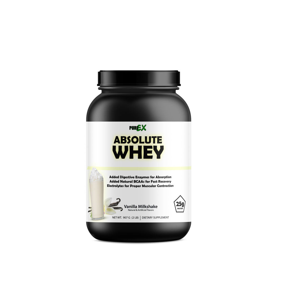 Absolute Whey protein powder tub featuring clean nutrition formula for muscle recovery and growth