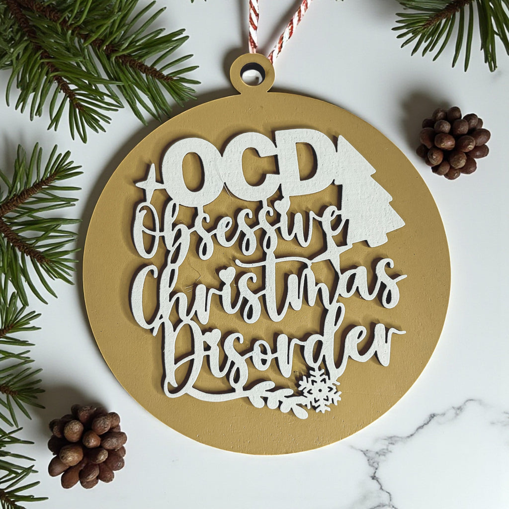 Obsessive Christmas Disorder round wooden ornament with a 3D tree and snowflakes — view 5