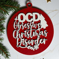Obsessive Christmas Disorder round wooden ornament with a 3D tree and snowflakes