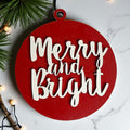 Merry and Bright wooden Christmas ornament with 3D lettering and rustic jute hanging string