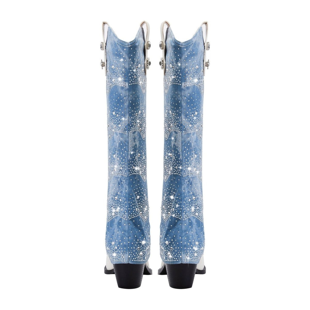 White leather and light blue foldover denim knee-high boots with rhinestone embellishments — view 5