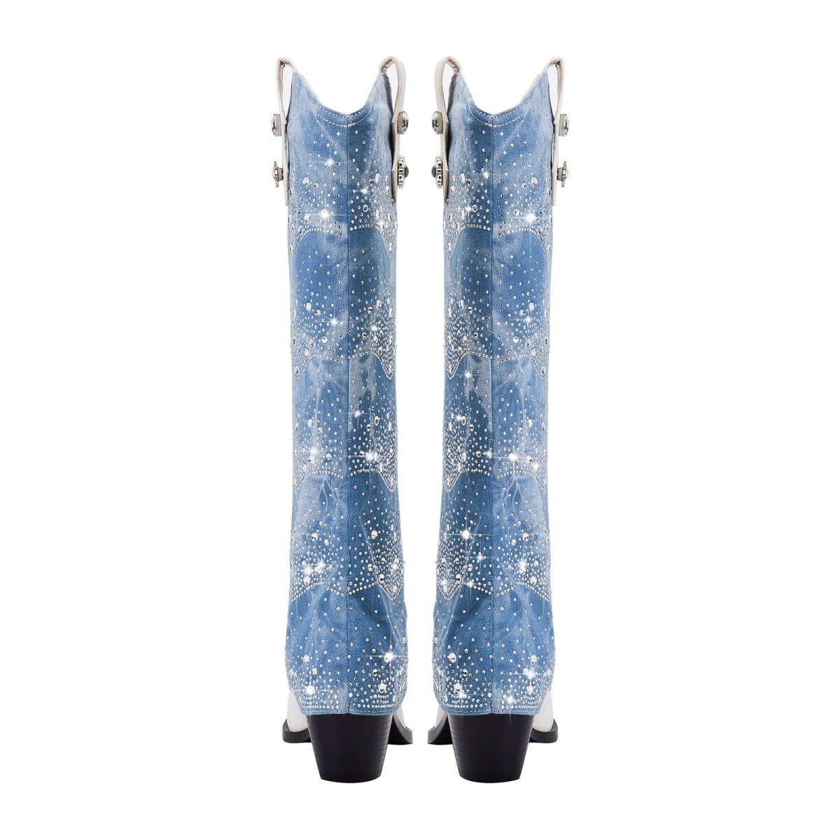 White leather and light blue foldover denim knee-high boots with rhinestone embellishments — view 5