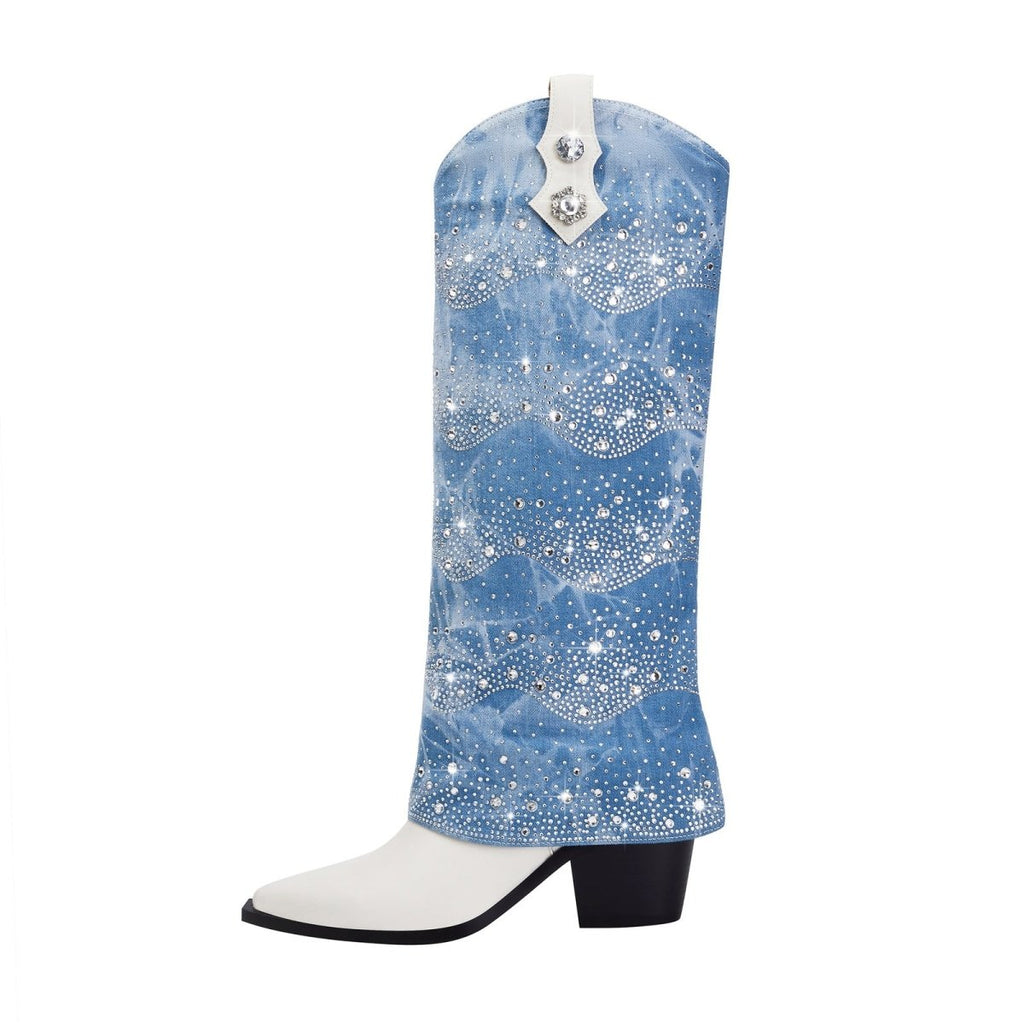 White leather and light blue foldover denim knee-high boots with rhinestone embellishments