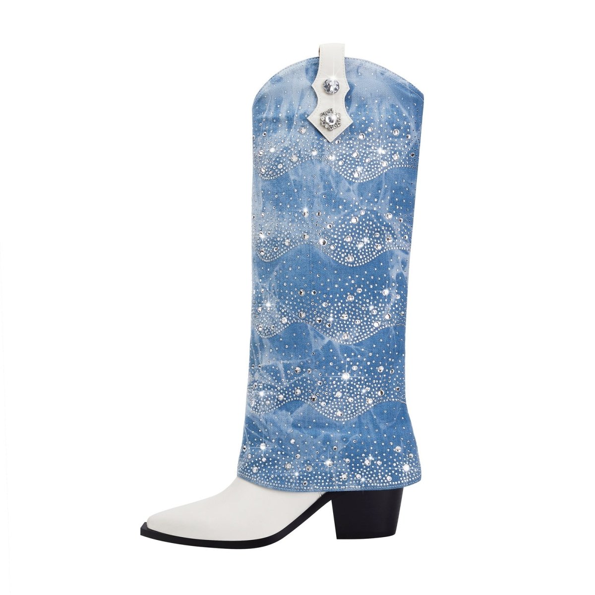 White leather and light blue foldover denim knee-high boots with rhinestone embellishments