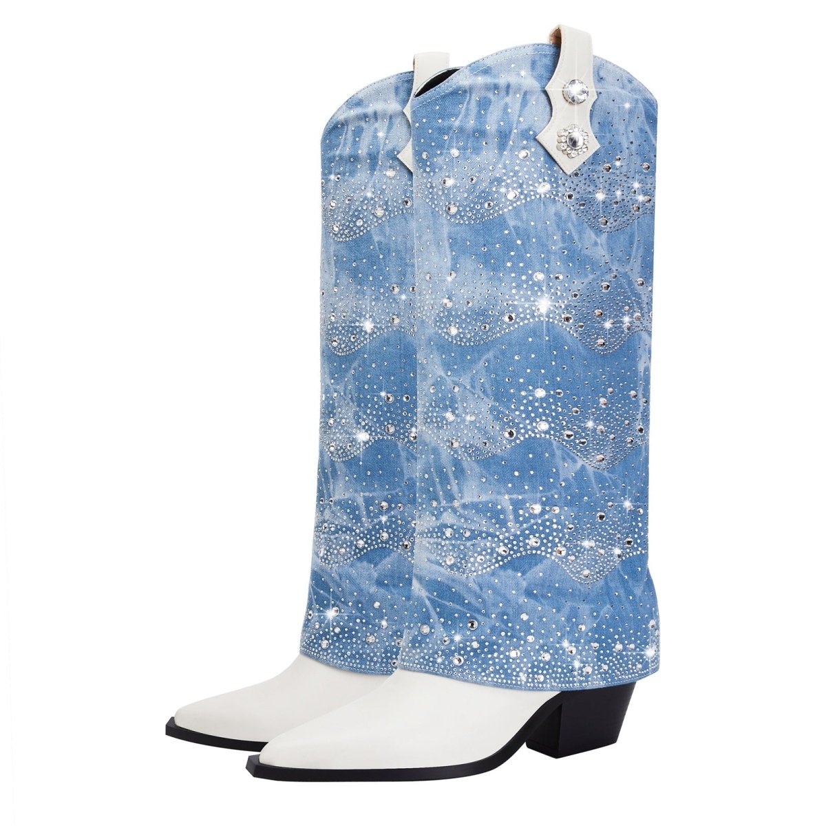 White leather and light blue foldover denim knee-high boots with rhinestone embellishments — view 4