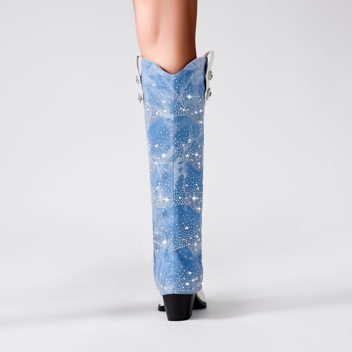 White leather and light blue foldover denim knee-high boots with rhinestone embellishments — view 2