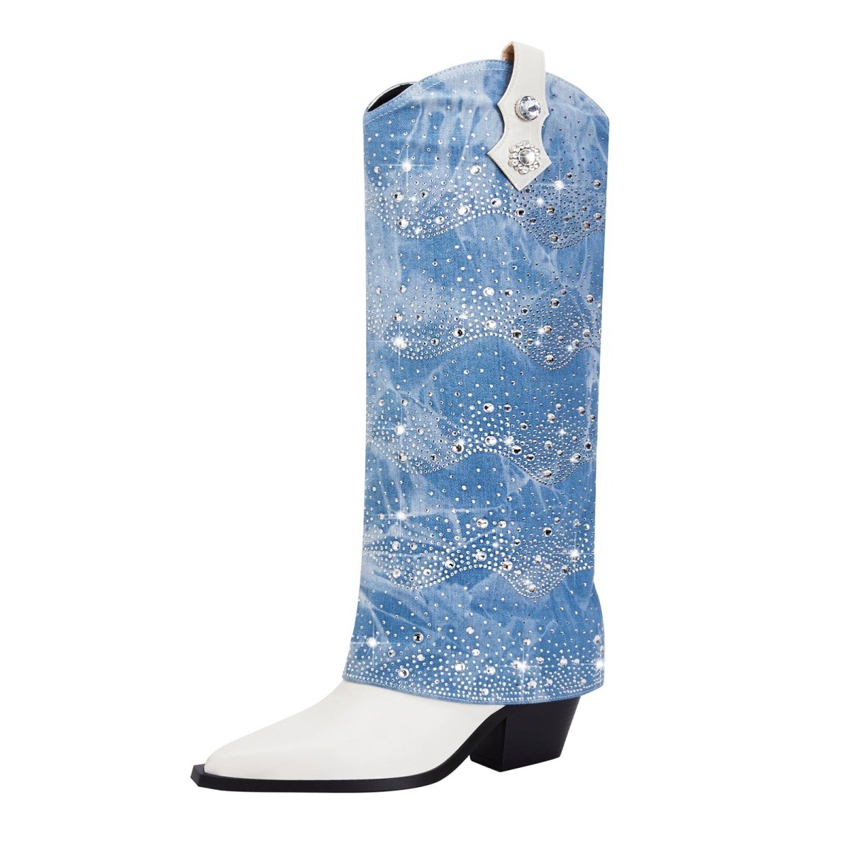 White leather and light blue foldover denim knee-high boots with rhinestone embellishments — view 3