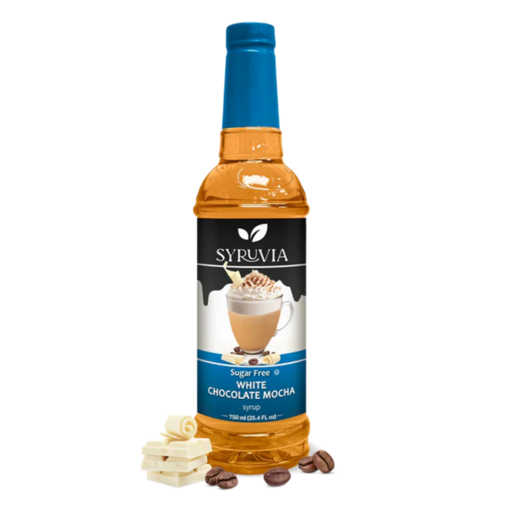 Sugar-free white chocolate mocha coffee syrup bottle by Syruvia for lattes and shakes