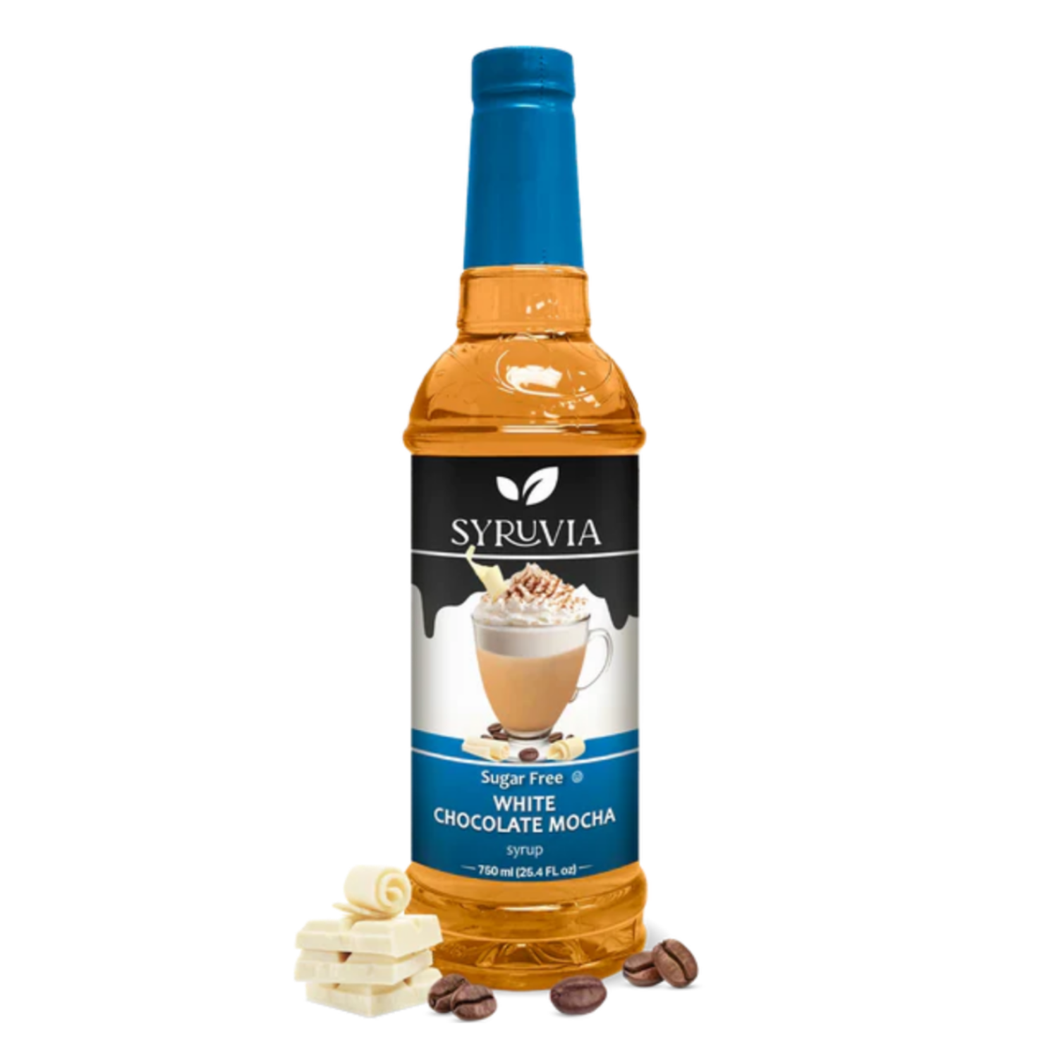 Sugar-free white chocolate mocha coffee syrup bottle by Syruvia for lattes and shakes