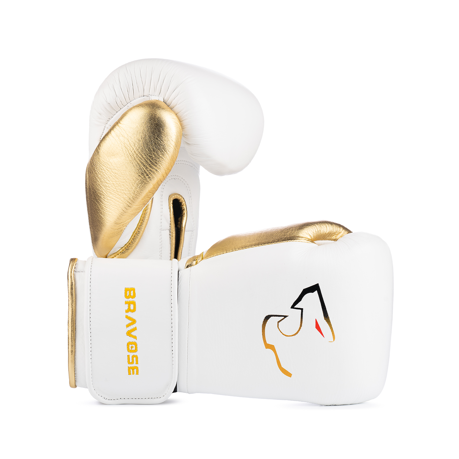 White and gold cowhide leather boxing gloves with secure velcro fastening straps and reinforced protective cuffs