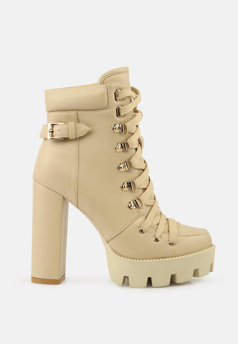 Willow Combat Boot with block heel lace-up front and bold buckle strap accents