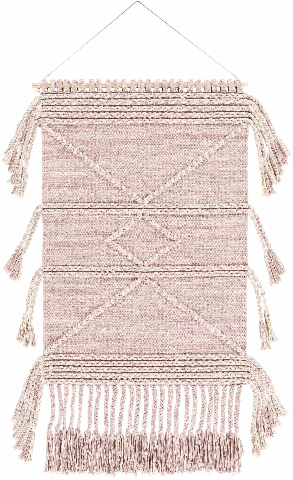Ivory and light purple handwoven cotton wall hanging tapestry on a natural wood rod.