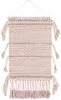 Ivory and light purple handwoven cotton wall hanging tapestry on a natural wood rod.