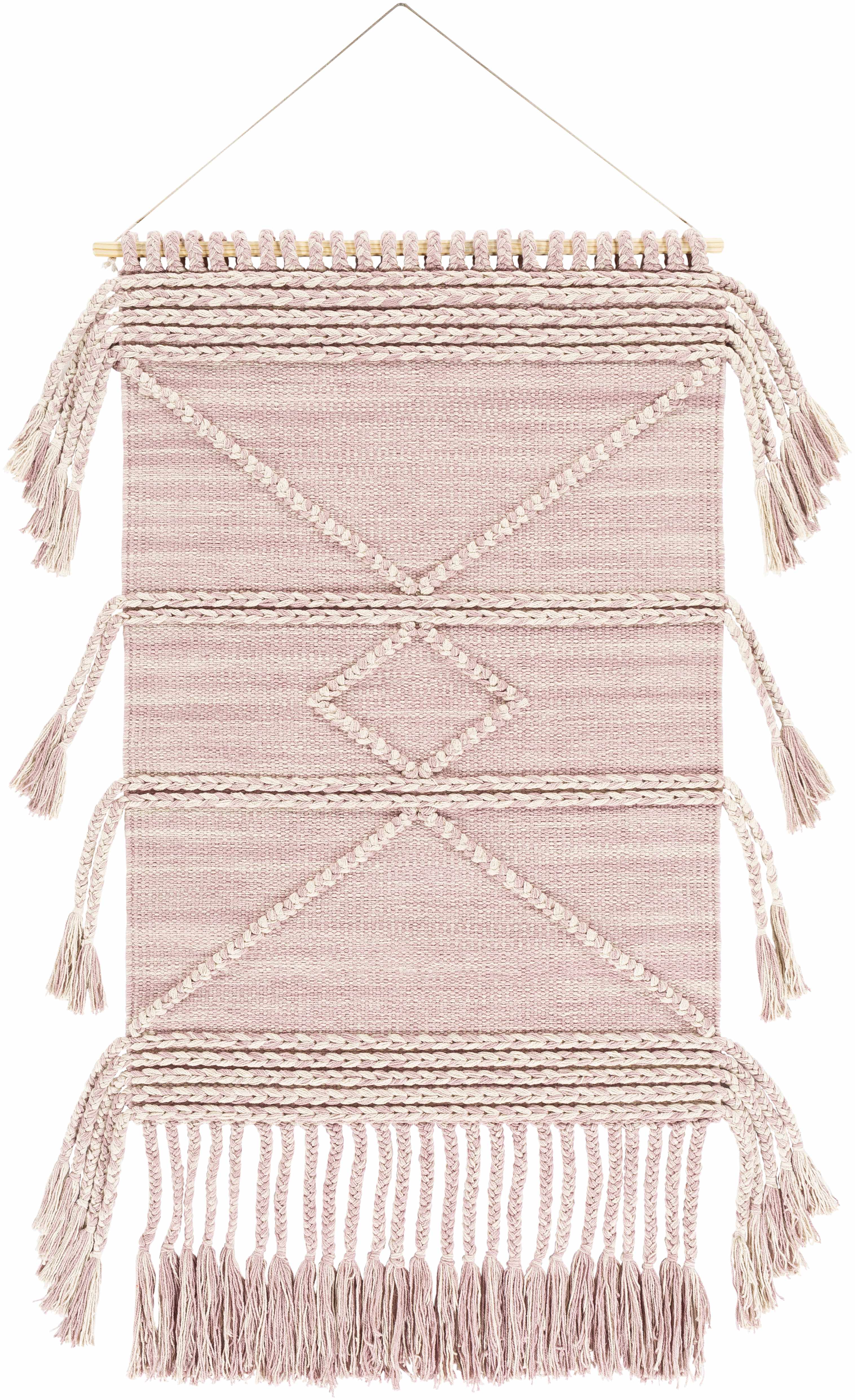 Ivory and light purple handwoven cotton wall hanging tapestry on a natural wood rod.