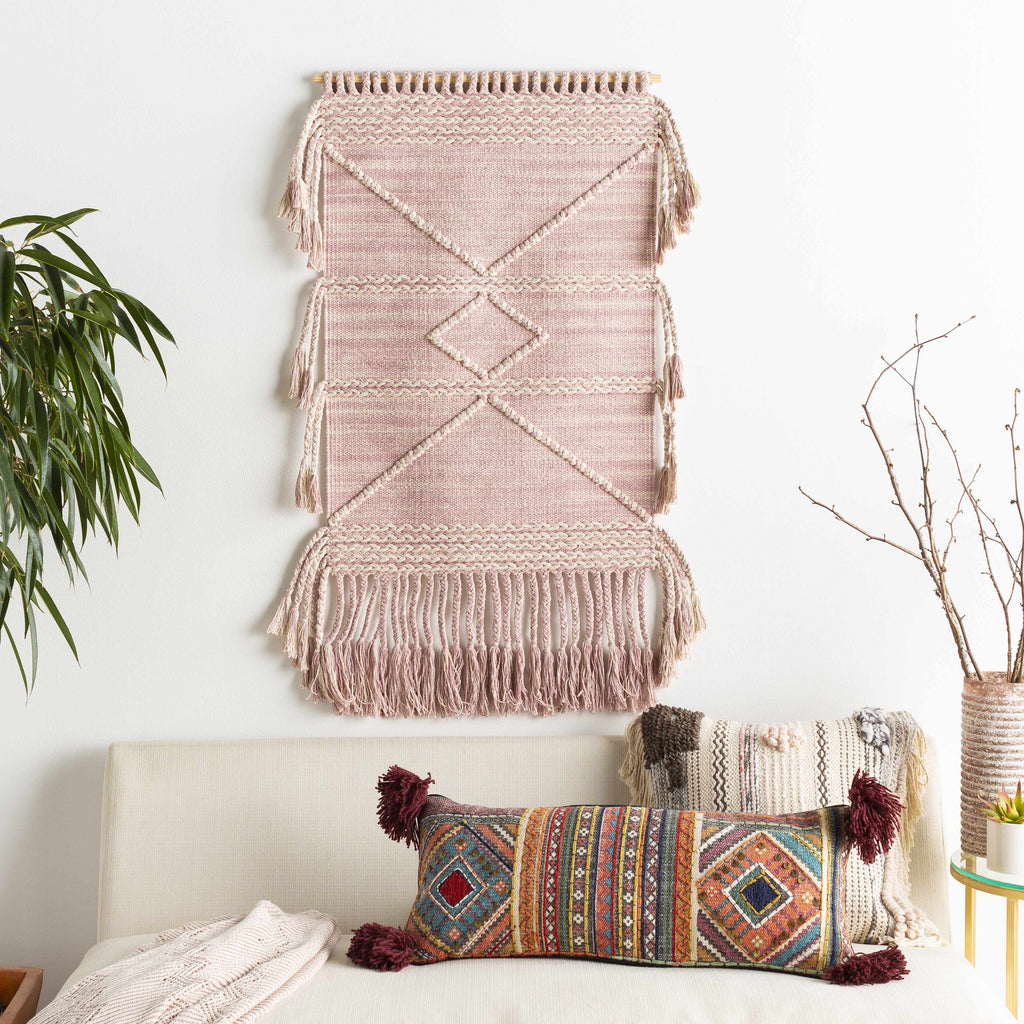 Ivory and light purple handwoven cotton wall hanging tapestry on a natural wood rod. — view 3