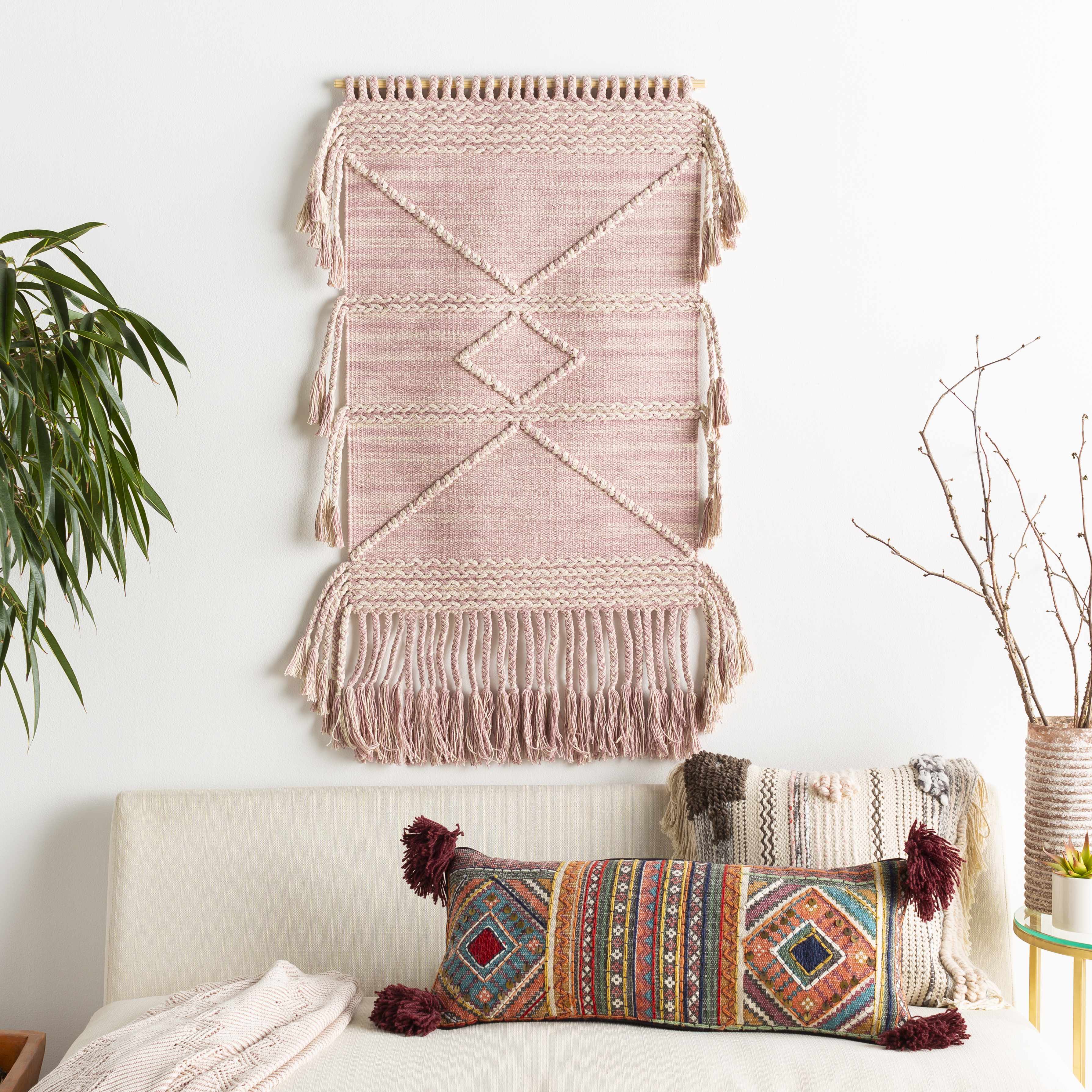 Ivory and light purple handwoven cotton wall hanging tapestry on a natural wood rod. — view 3