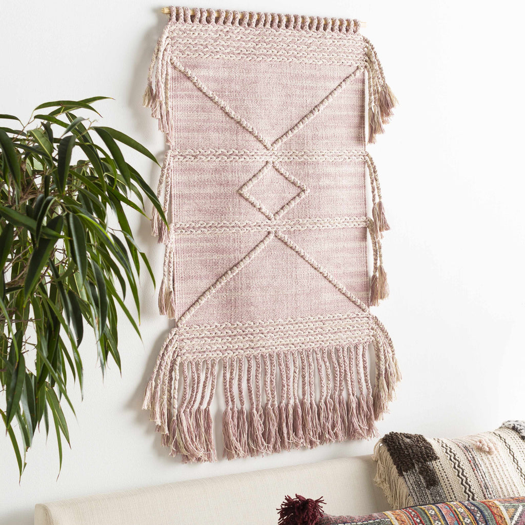 Ivory and light purple handwoven cotton wall hanging tapestry on a natural wood rod. — view 2