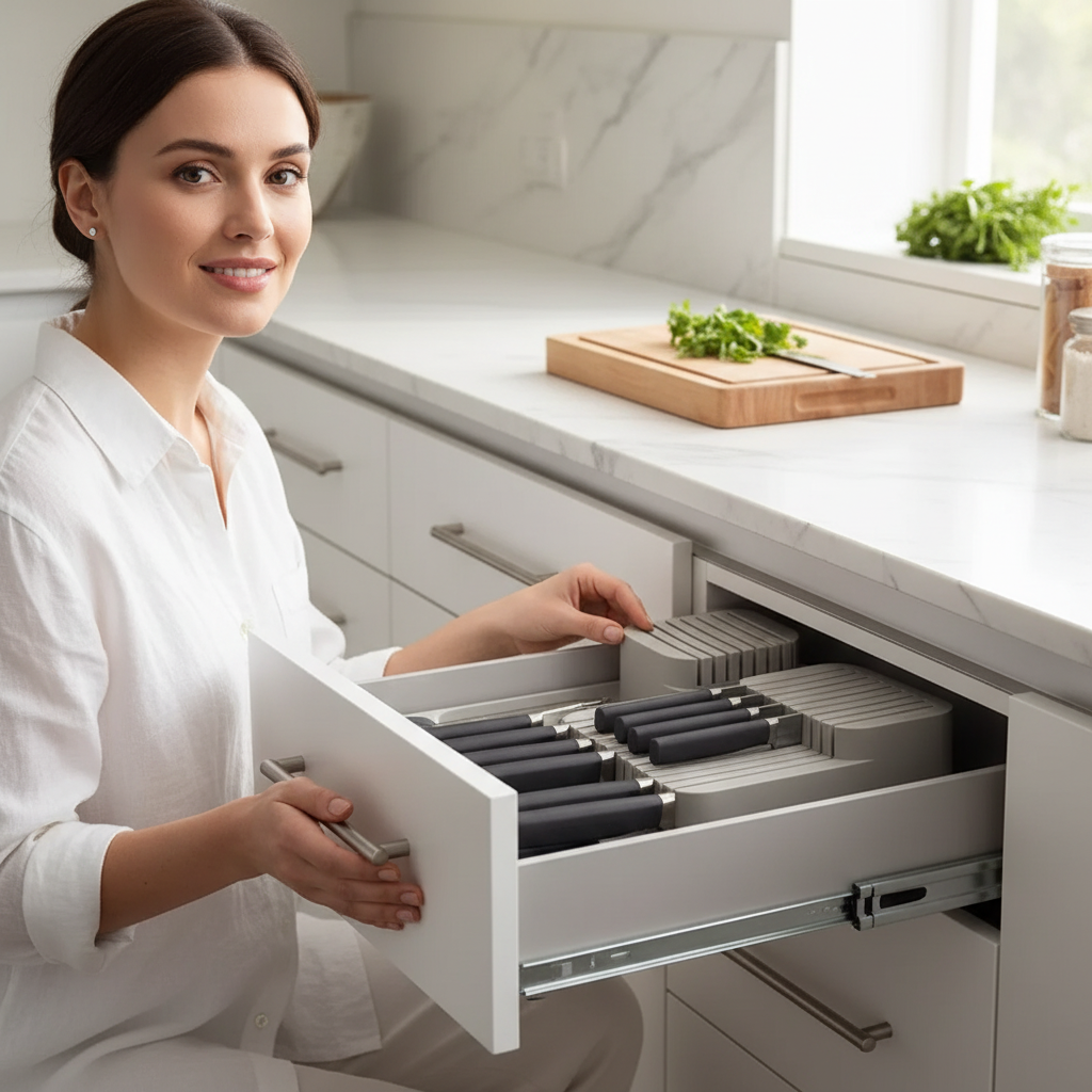 In-drawer knife storage box holding various kitchen knives and cutlery in a modern grey design — view 2