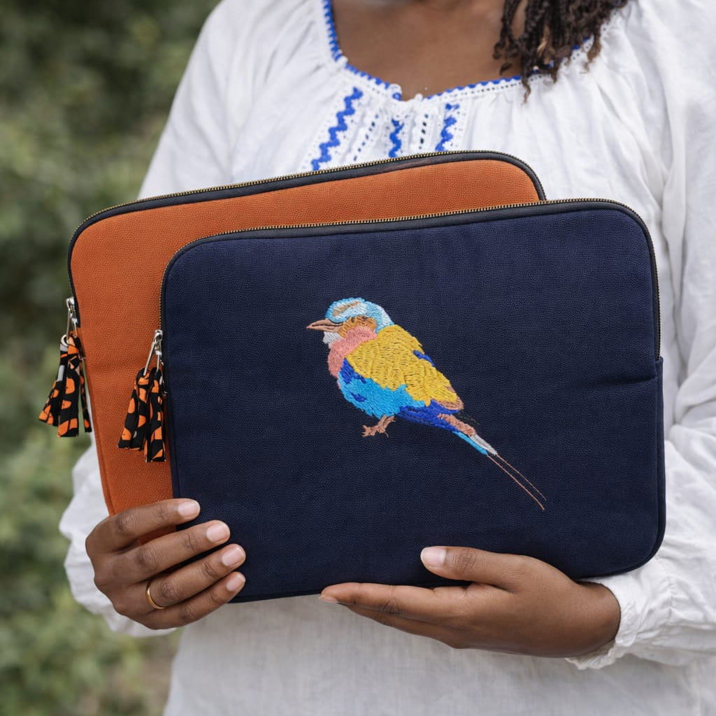 Lilac Breasted Roller laptop sleeve in earthy cotton canvas with stitched bird embroidery for 14-inch laptops — view 2