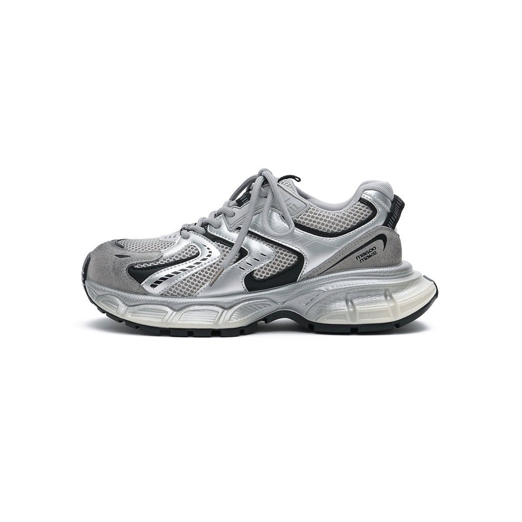 Women's chunky technical mesh running shoes with metallic overlays and thick cushioned midsole