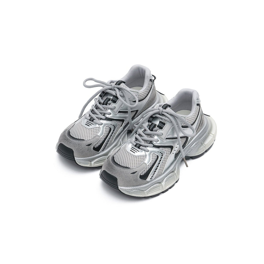 Women's chunky technical mesh running shoes with metallic overlays and thick cushioned midsole — view 2