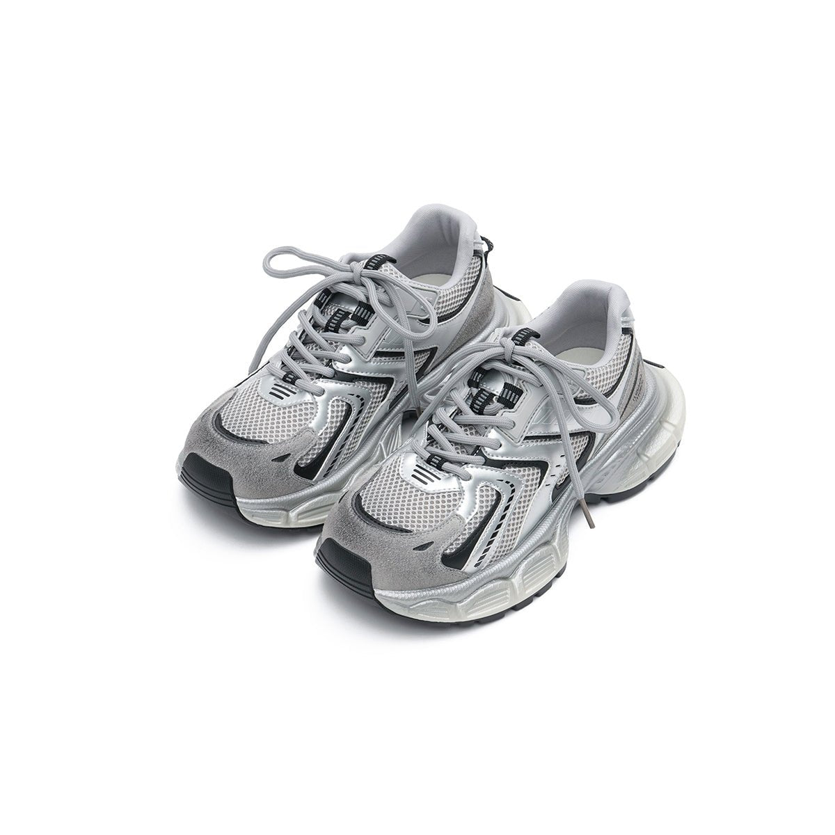 Women's chunky technical mesh running shoes with metallic overlays and thick cushioned midsole — view 2
