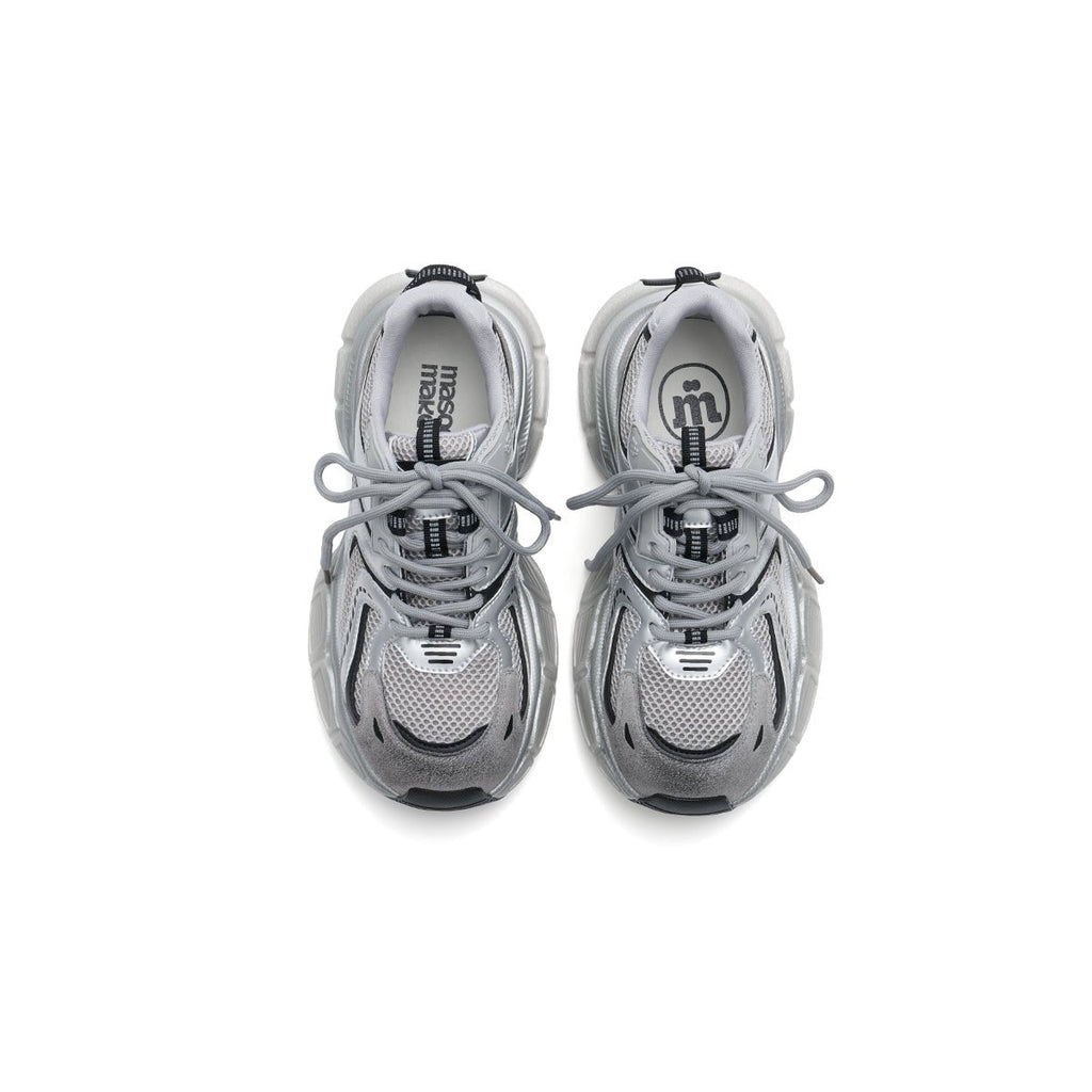 Women's chunky technical mesh running shoes with metallic overlays and thick cushioned midsole — view 3