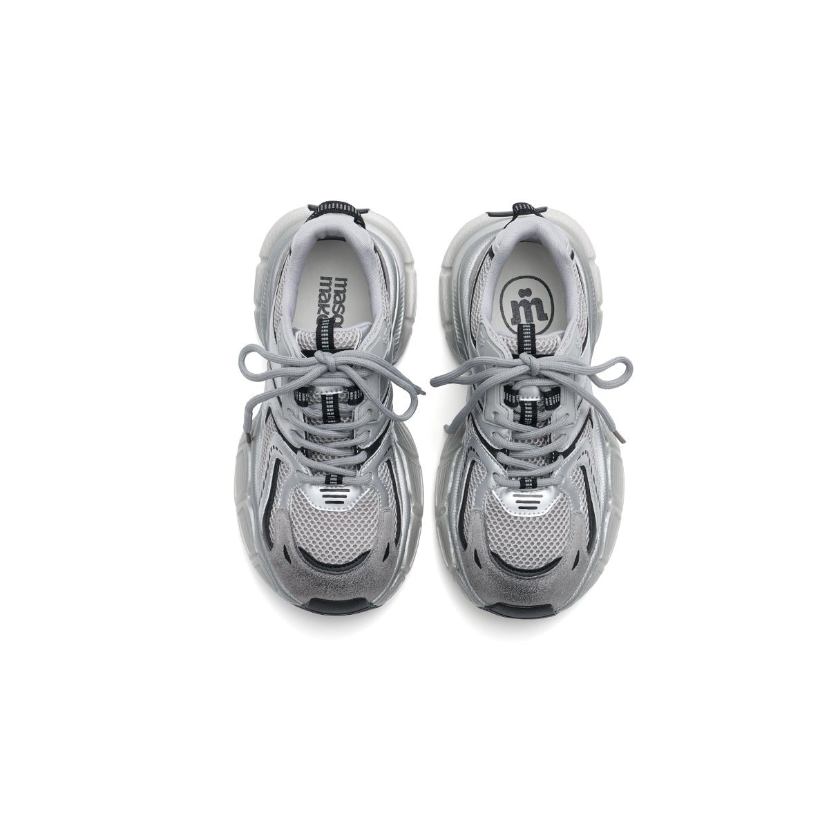 Women's chunky technical mesh running shoes with metallic overlays and thick cushioned midsole — view 3
