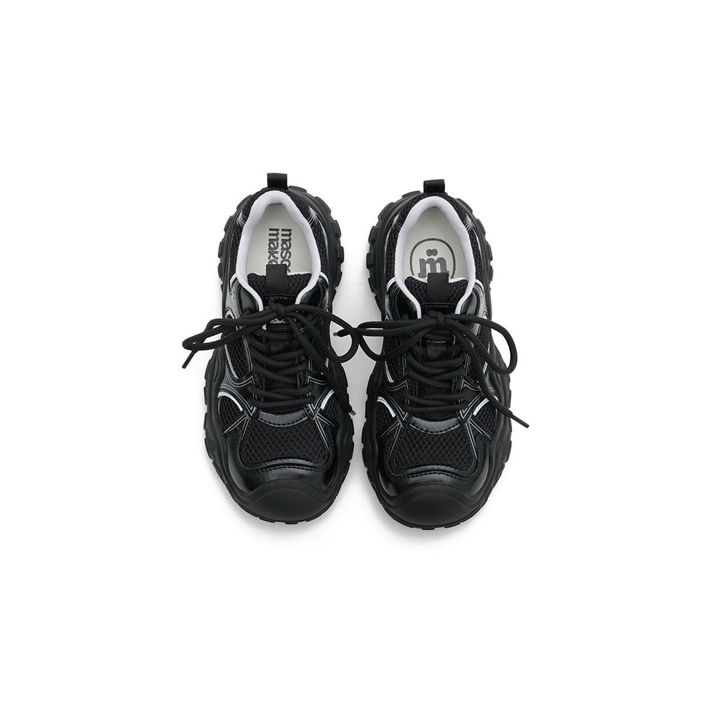 Women's chunky breathable running shoes with wavy midsole and technical mesh upper in black — view 3