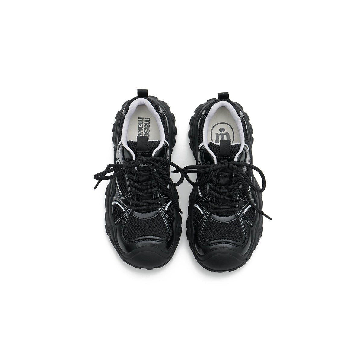 Women's chunky breathable running shoes with wavy midsole and technical mesh upper in black — view 3