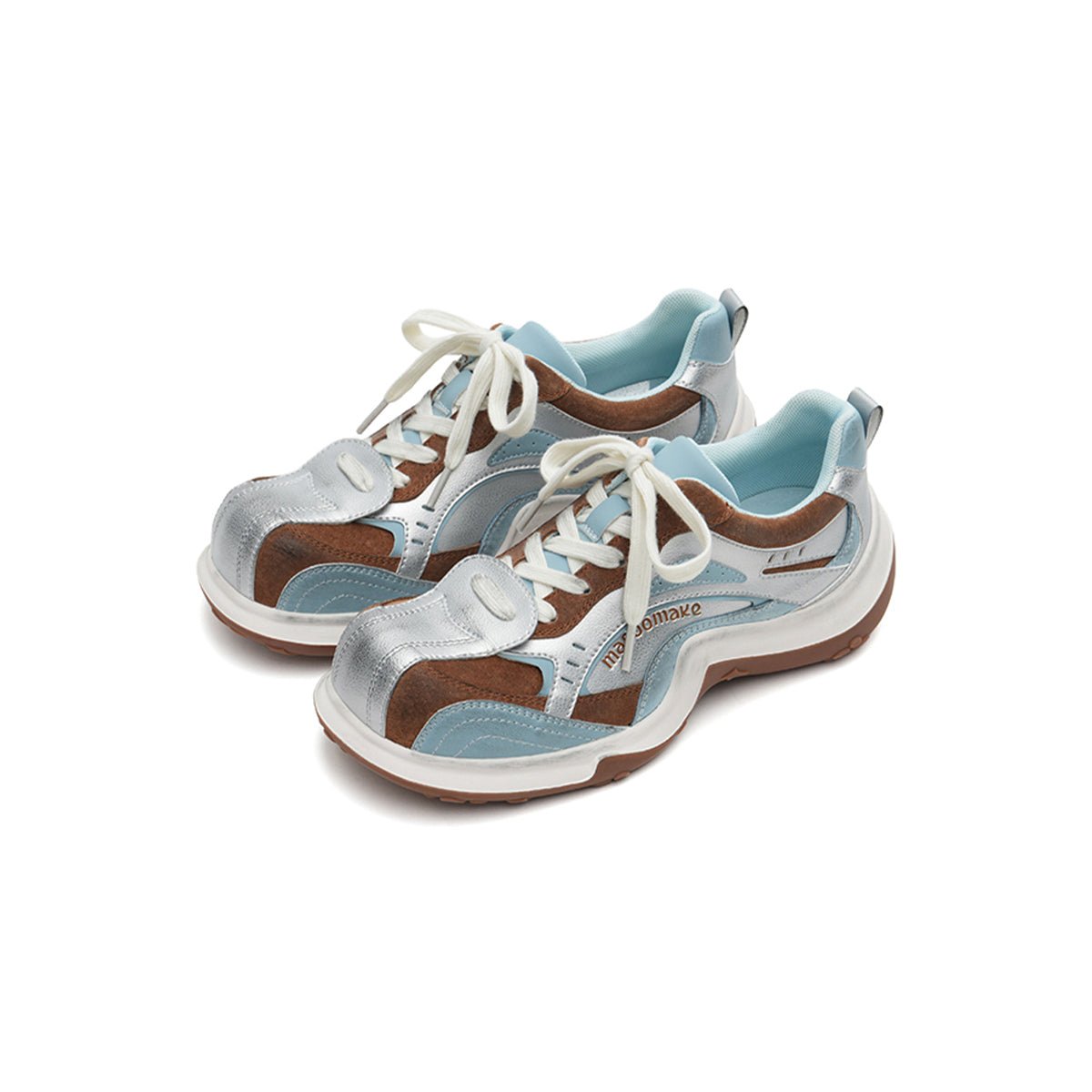 Women's chunky dad sneakers with metallic overlays, platform sole, and kawaii paw print heel detailing. — view 2