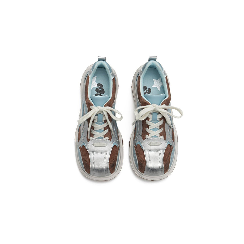 Women's chunky dad sneakers with metallic overlays, platform sole, and kawaii paw print heel detailing. — view 3