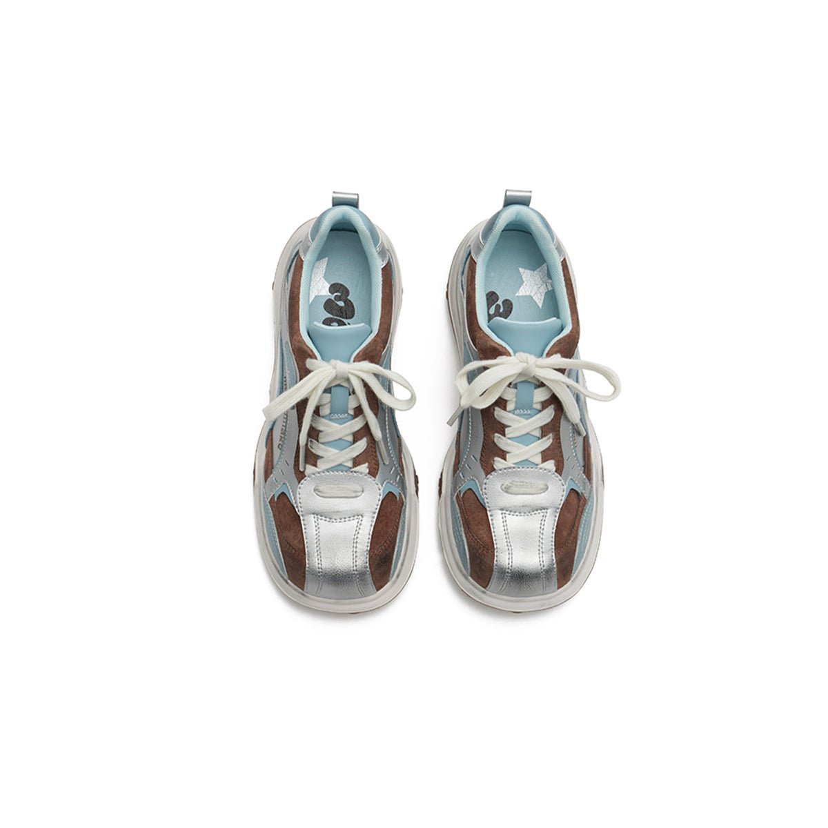 Women's chunky dad sneakers with metallic overlays, platform sole, and kawaii paw print heel detailing. — view 3