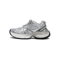 Women's chunky running shoes in metallic silver mesh with thick sculpted soles and curved lines