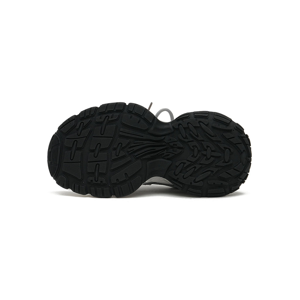 Women's chunky running shoes in metallic silver mesh with thick sculpted soles and curved lines — view 5