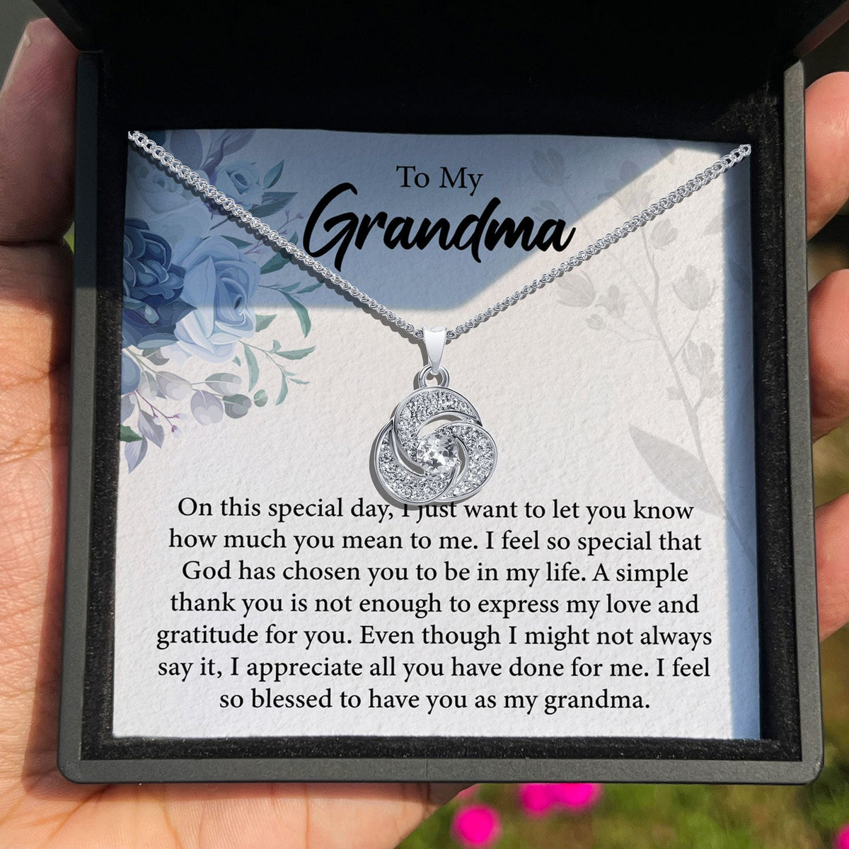 TRYNDI™  To My Grandma Love Knot Necklace With Authentic Swarovski Crystals-1