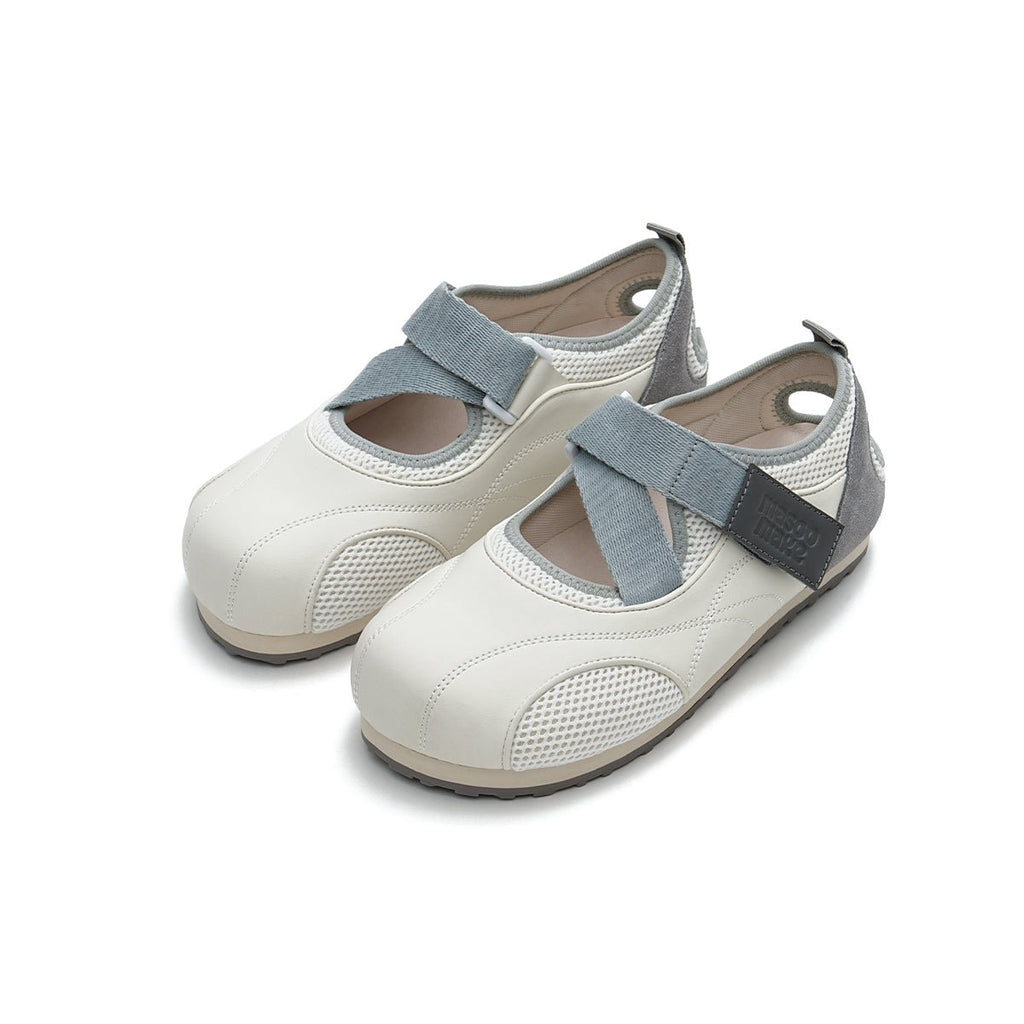 Women's mesh Mary Jane velcro flats in cream with breathable panels and sporty flat sole — view 2