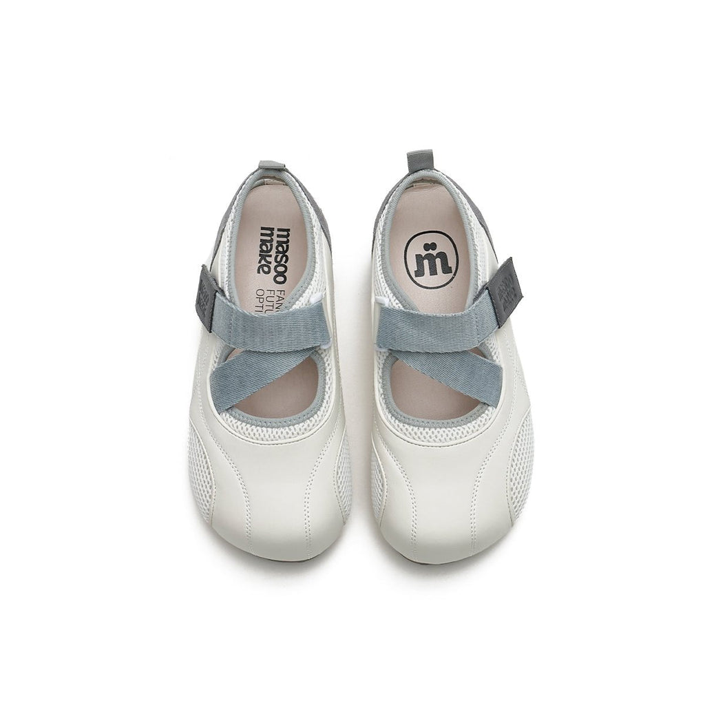 Women's mesh Mary Jane velcro flats in cream with breathable panels and sporty flat sole — view 3
