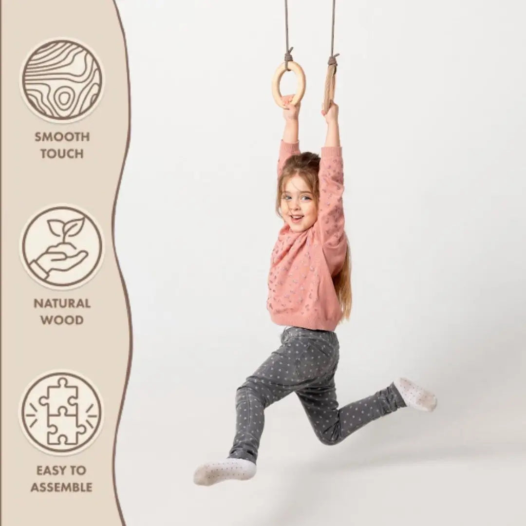 Kids wooden gymnastic rings with sturdy ropes for indoor and outdoor active play — view 3