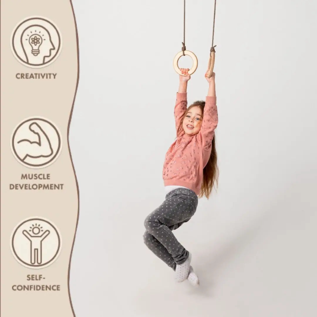 Kids wooden gymnastic rings with sturdy ropes for indoor and outdoor active play — view 4