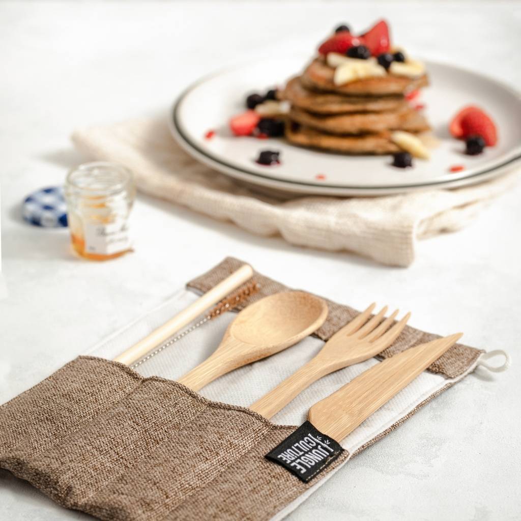 Bamboo travel cutlery set with dark grey jute pouch fork knife spoon and straw — view 2
