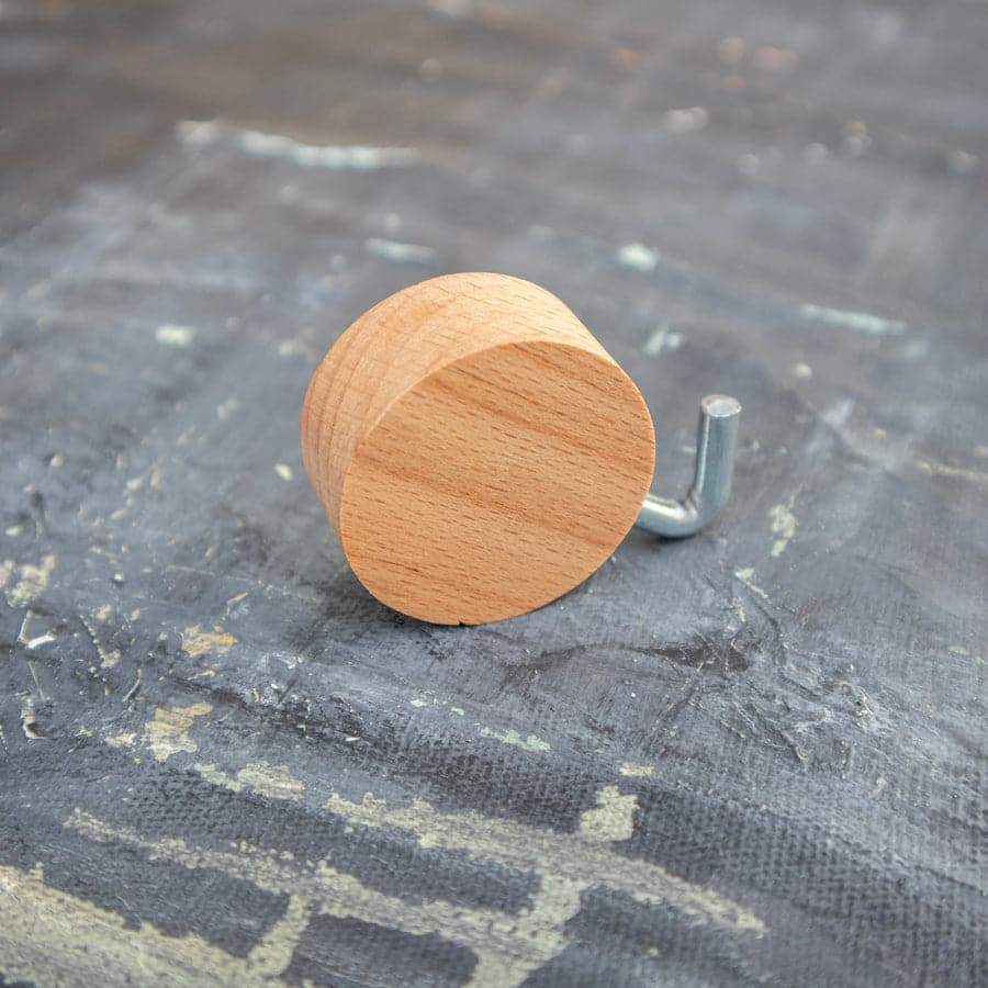 Minimalist round beechwood wall hook with adhesive backing for drill-free home organization